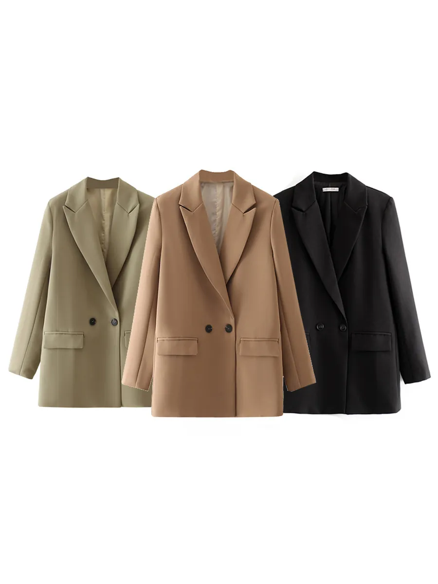 Women Double Breasted Blazer Jacket Notched Lapel Mid Length Casual Loose Fit Solid Color Suit Outerwear Office Lady Top