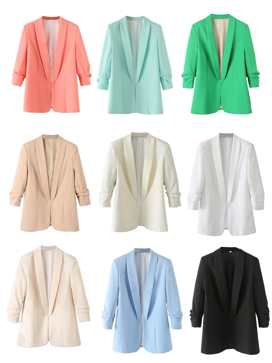 Dames Blazer met Geplooide Mouwen Open Voorkant Casual Effen Kleur Half Lang Sjaalkraag Jasje Professionele Werkjas