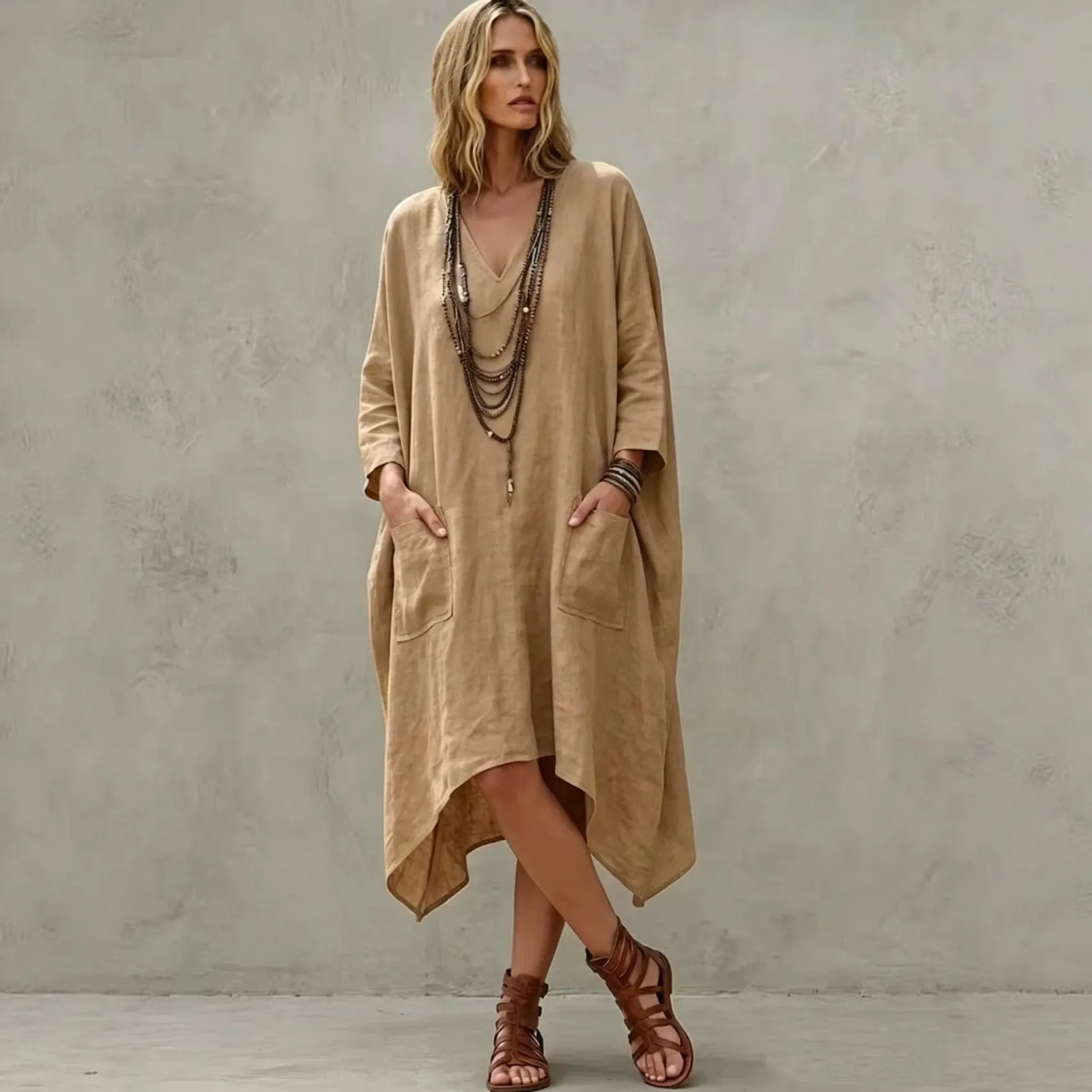 Women's V-Neck 3/4 Sleeve Irregular Hem Dress Loose Casual Lazy Style Polyester Midi Dress With Pockets For Summer Travel Party