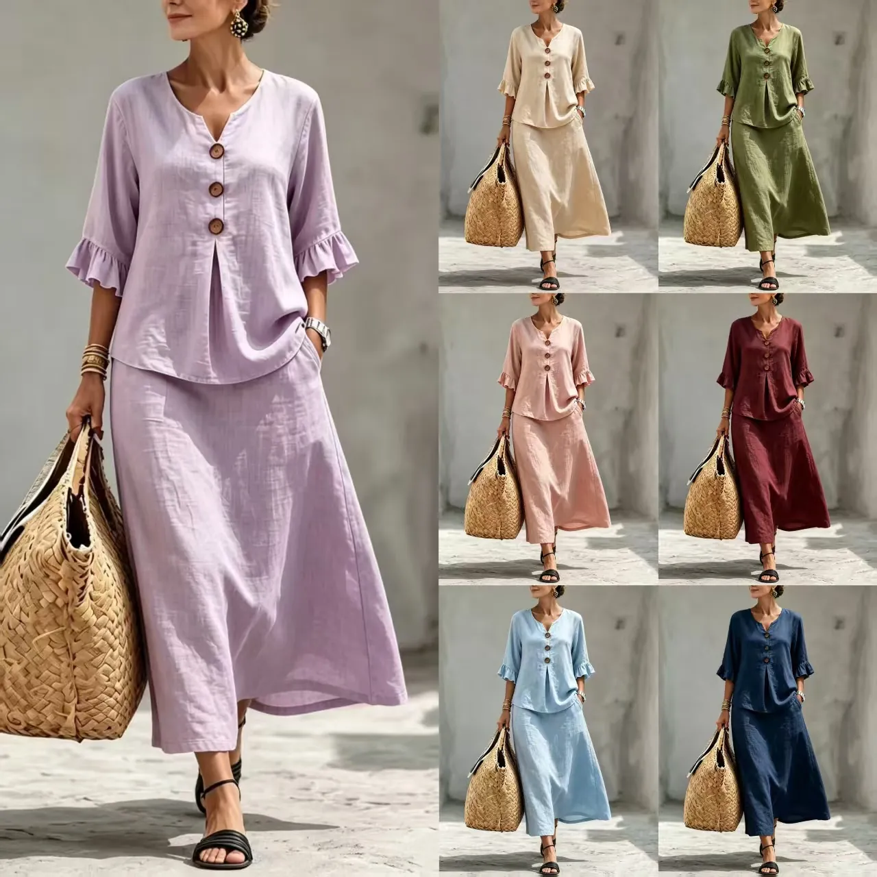 Ensemble Top And Bottom Femme Bohème Col en V Boutonné Chemisier Manches 3/4 à Volants et Jupe Midi Deux Pièces Décontracté Uni