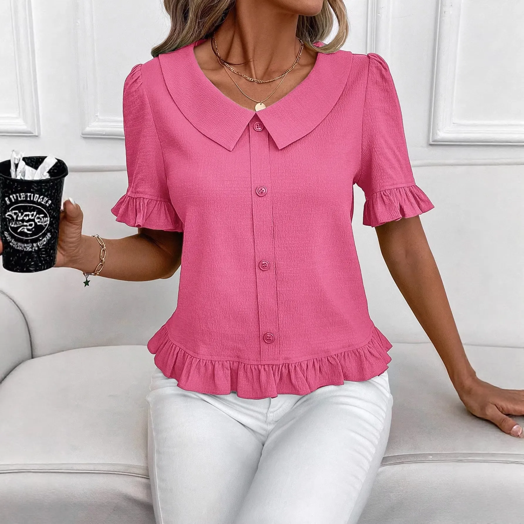 Women Peter Pan Collar Ruffle Blouse Pleated Short Sleeve Button Down Shirt Solid Color Gentle Style Casual Summer Top