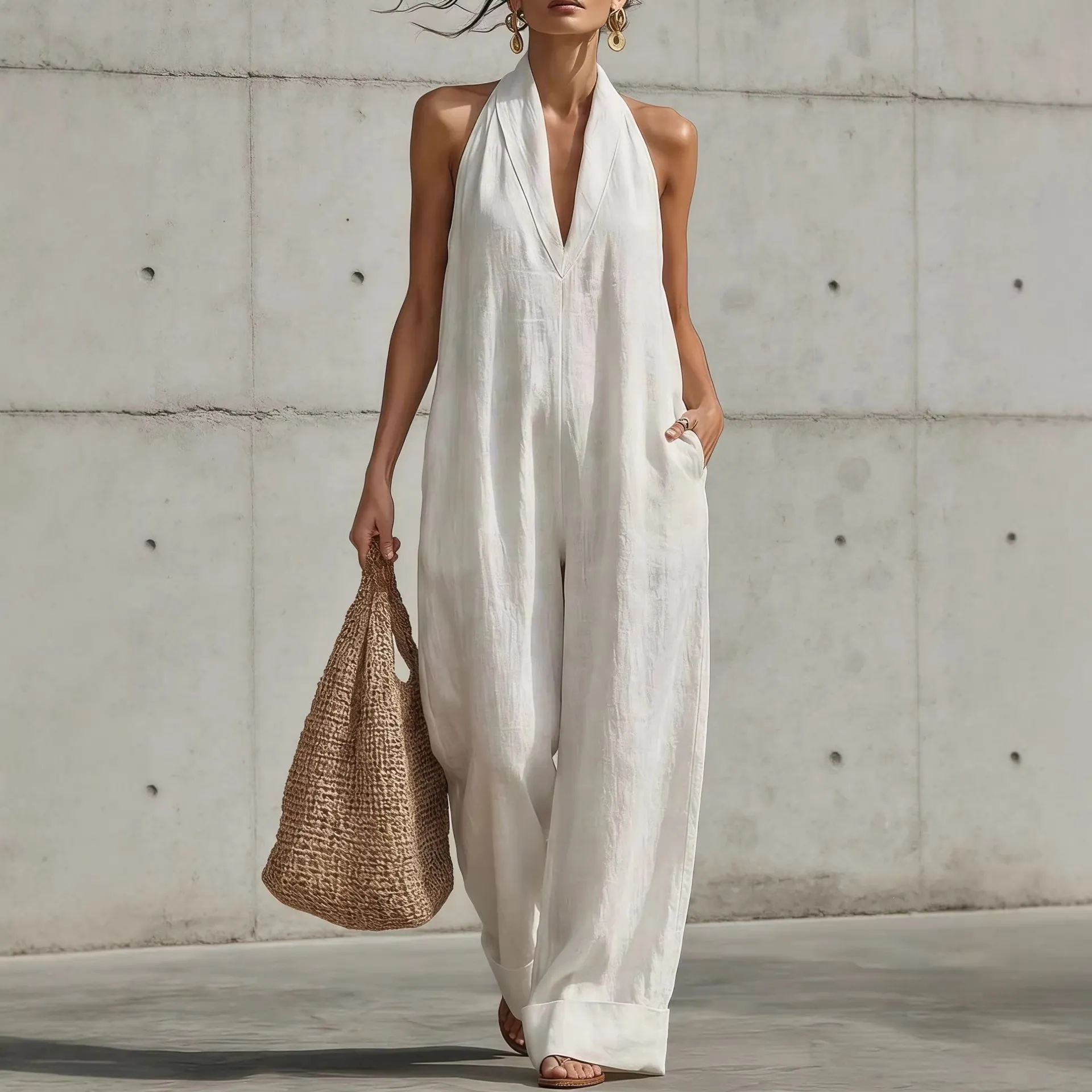 Women Elegant V Neck Halter Sleeveless Cotton Linen Jumpsuit Casual Loose Wide Leg Jumpsuit With Pockets Summer Romper