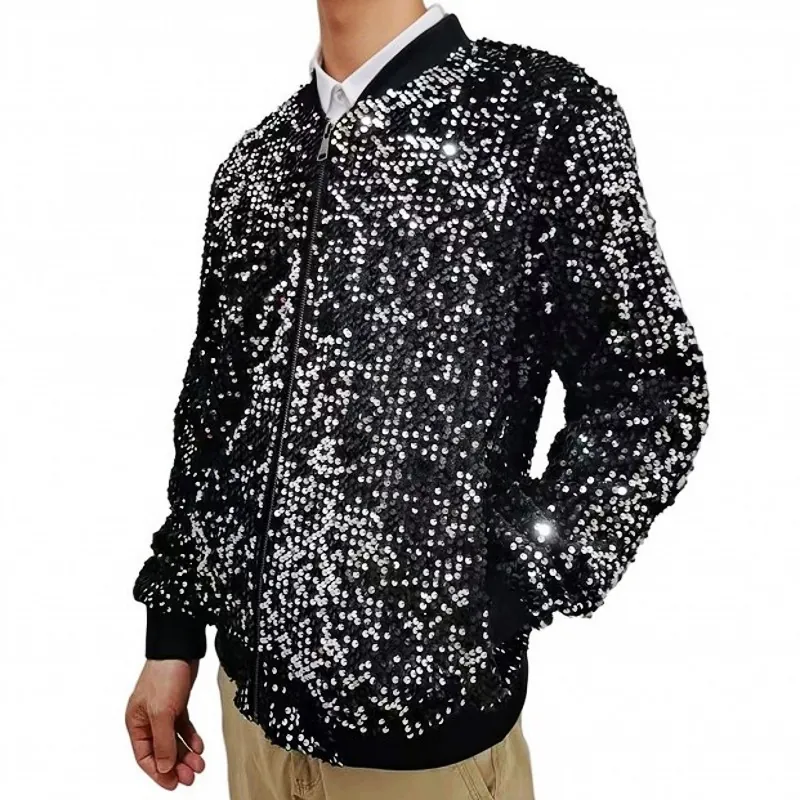 Men's Sparkly Sequin Bomber Jacket Shiny Stage Performance Baseball Outerwear Zip Up Fashion Show Party Event Top Coat