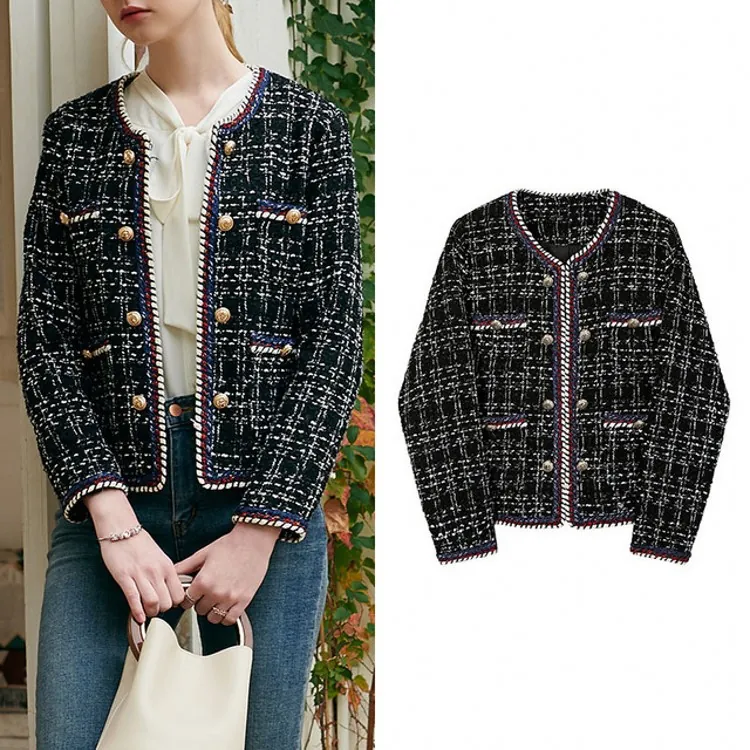 Women Plaid Tweed Jacket Double Breasted Braided Trim Vintage Lion Button Round Neck Long Sleeve Slim Fit Outerwear Top