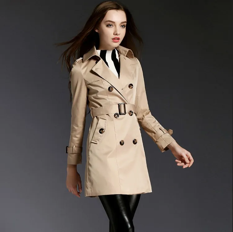 Women's Classic Double Breasted Trench Coat Elegant Mid Length Windbreaker Jacket With Belt Fall Spring Outerwear