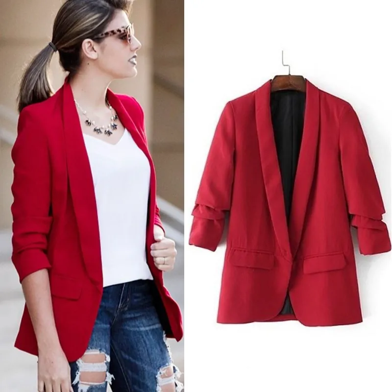 Damen Casual Schalkragen Offene Front Blazer 3/4 Rüschenärmel Einfarbig Anzugjacke Für Büro Frühling Herbst Polyester Top