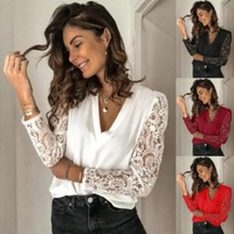 Women V-Neck Long Sleeve Lace Patchwork Top Slim Fit Pullover Blouse Casual Elegant Base Layer Shirt For Women