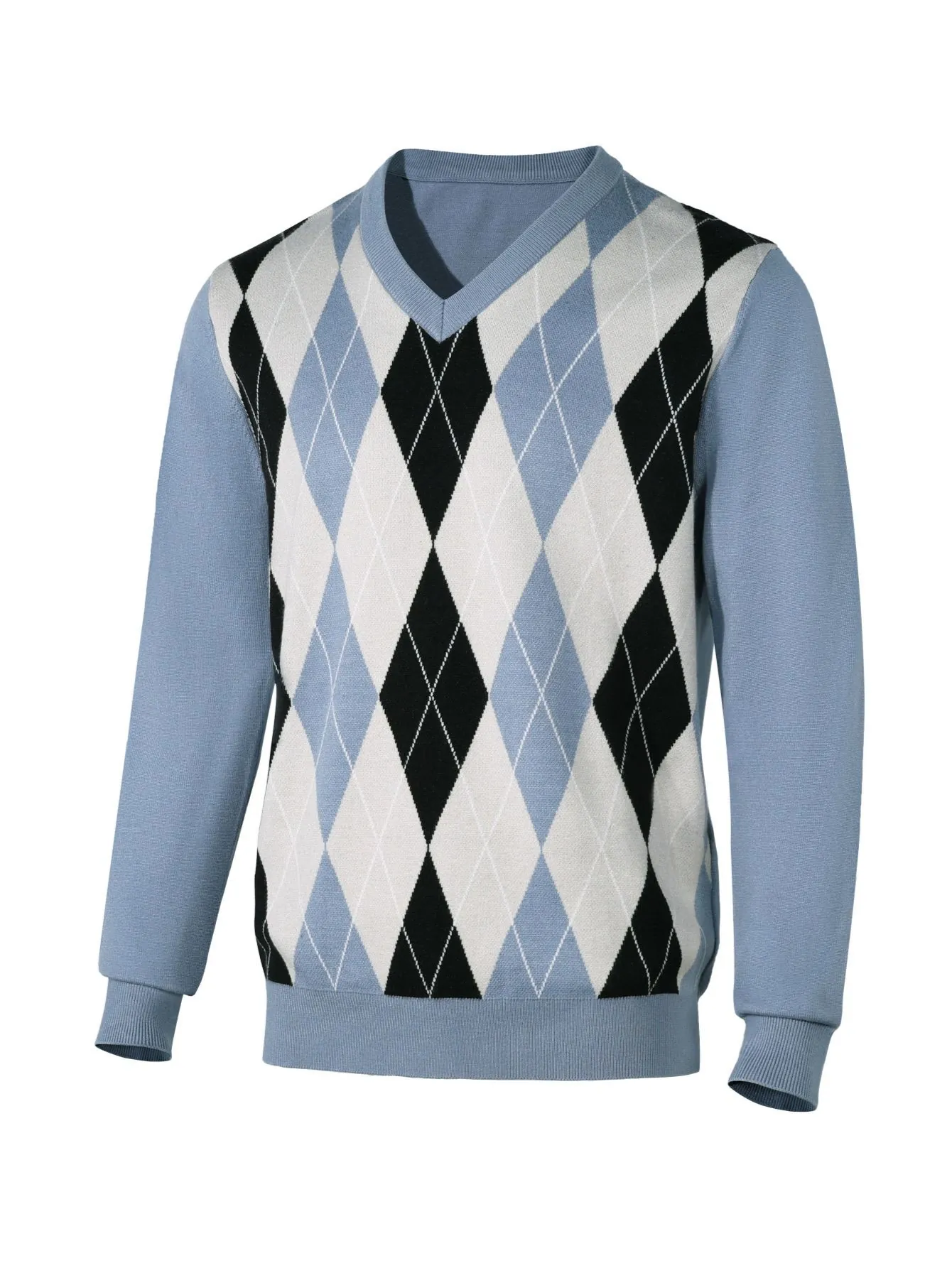 Men Retro Argyle V-Neck Sweater Jacquard Knit Pullover Long Sleeve Fashion Color Block Top Spring Autumn Knitwear