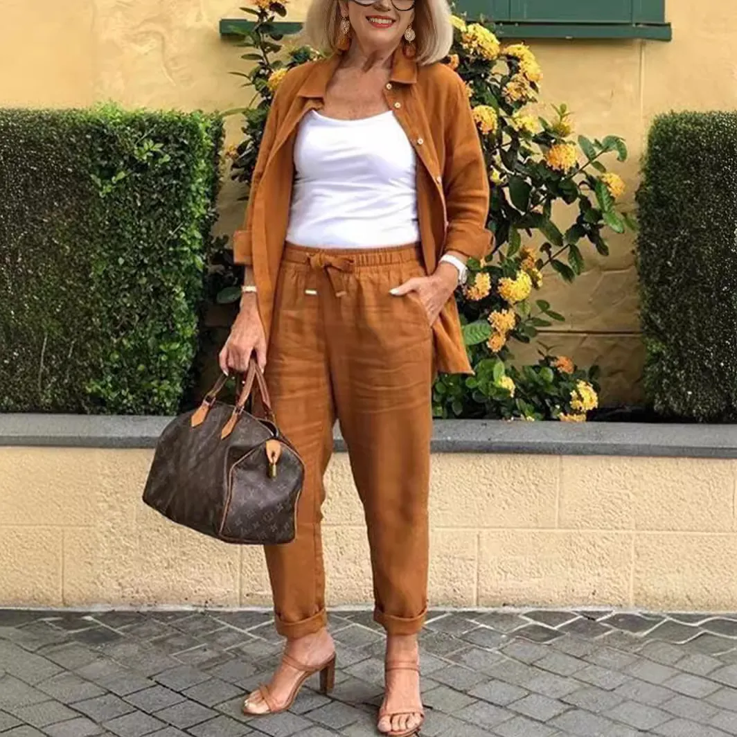 Women Retro Cotton Polyester Shirt And Harem Pants Set Casual Loose Fit Long Sleeve Top And Bottom Suit For Daily Wear