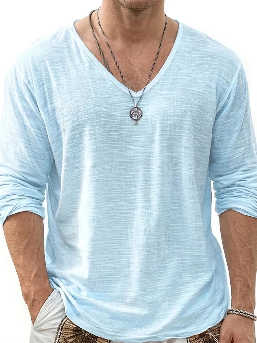 T-Shirt Décontracté pour Hommes Col en V Manches Longues Léger Respirant Texture Flammée Polyester Élasthanne Couleur Unie