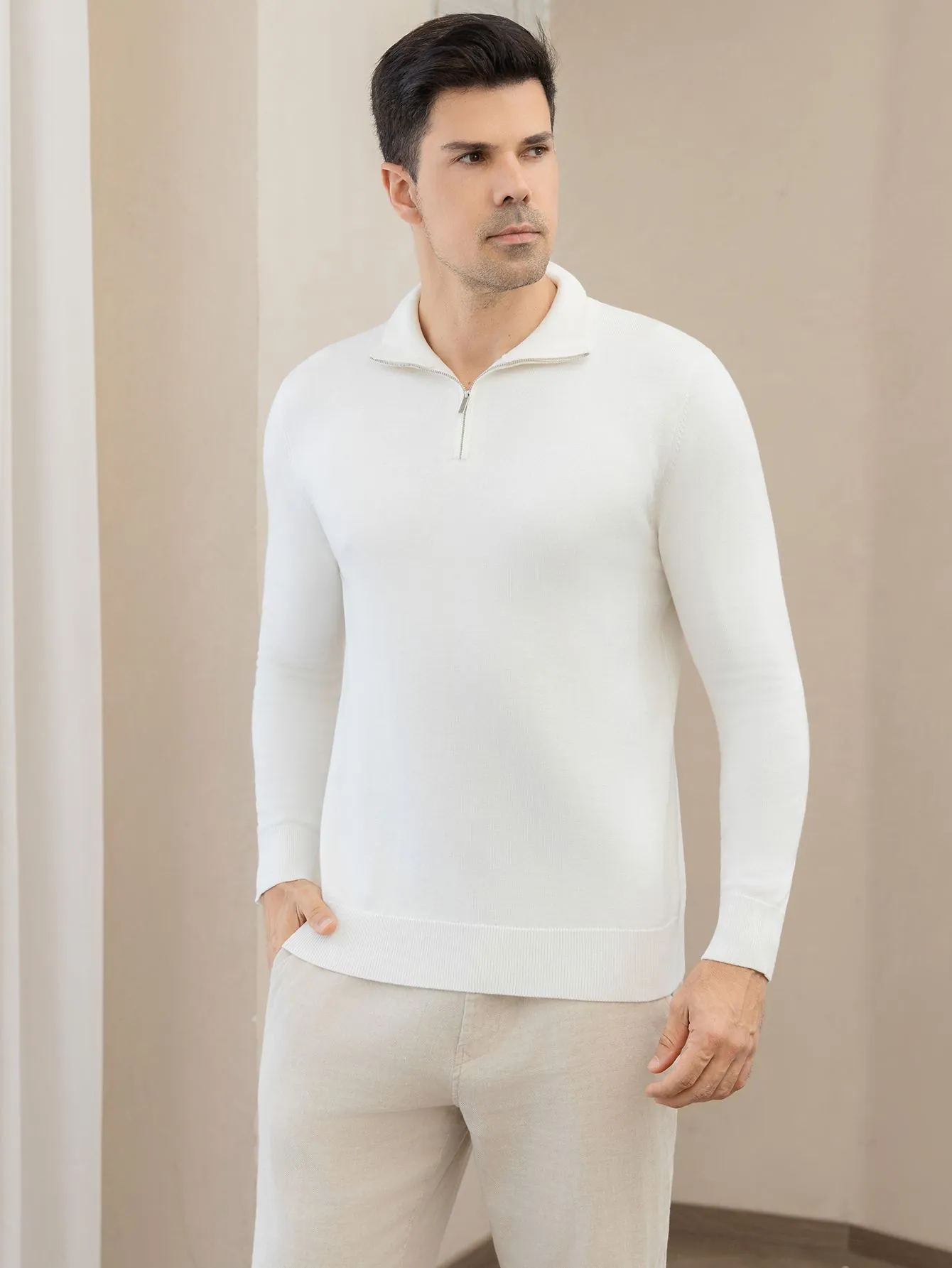 Men's Business Casual Half Zip Mock Neck Knit Sweater Slim Fit Retro Polo Pullover Long Sleeve Viscose Blend Base Layer Top