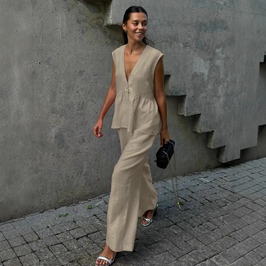Women Elegant V Neck Sleeveless Vest And Wide Leg Pants Two Piece Set Solid Color Cotton Casual Commuter Suit For Office Lady