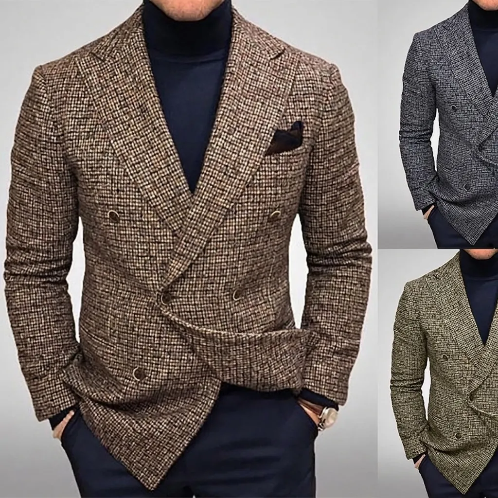 Men's Vintage British Style Plaid Blazer Slim Fit Double Breasted Suit Jacket Casual Checkered Outerwear Coat for Men