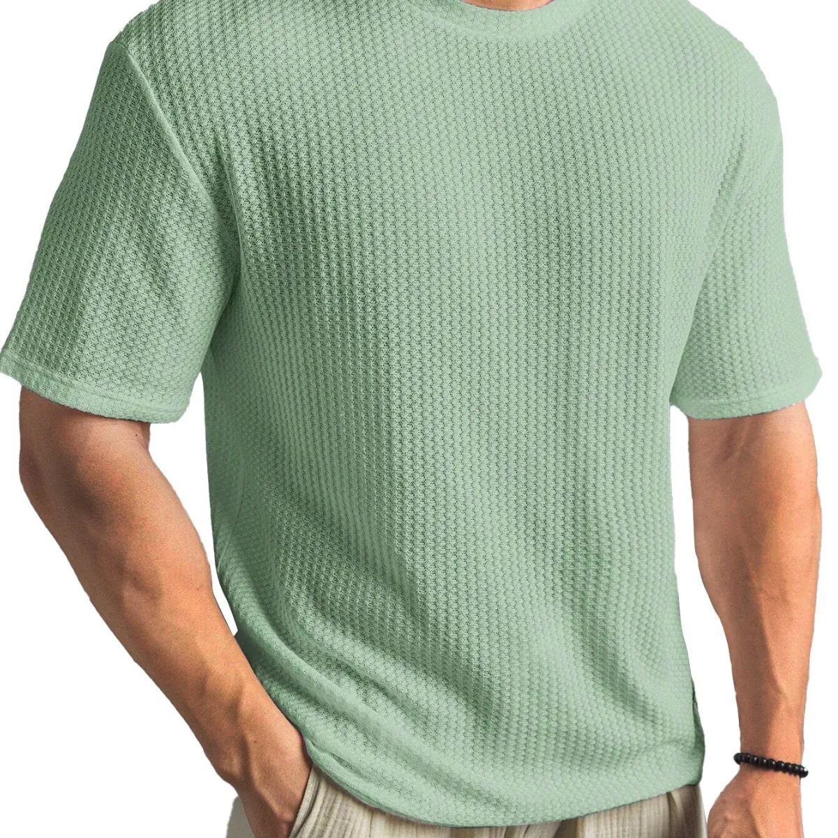 Herren Casual Waffelstruktur T-Shirt Kurzarm Rundhalsausschnitt Baumwollmischung Einfarbig Mode Oberteil Für Den Sommer