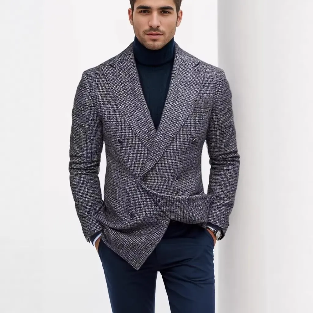 Blazer Décontracté à Double Boutonnage pour Hommes Veste de Costume en Acrylique à Carreaux pour Affaires Loisirs Style Gentleman Grandes Tailles