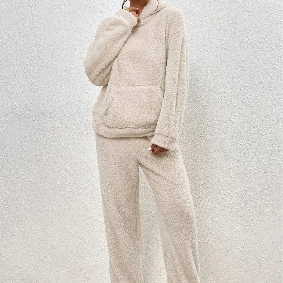 Women Winter Warm Teddy Fleece Hooded Sweatshirt And Pants Set Solid Color Long Sleeve Loungewear Outfit With Pockets Top And Bottom