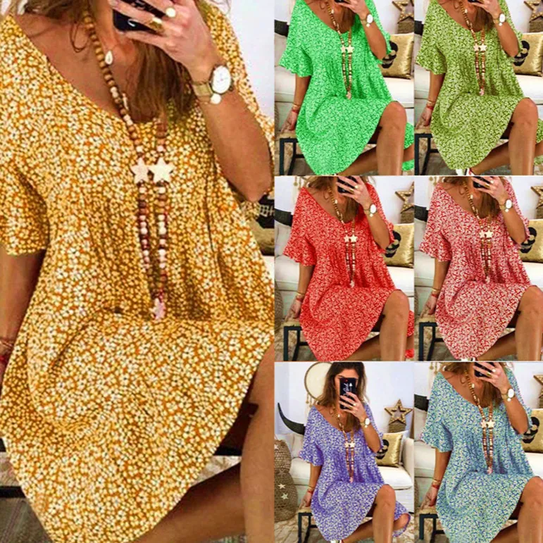 Vestido Midi de Mujer con Cuello en V y Estampado Floral Manga Acampanada Suelto Bohemio Casual de Verano Playa Poliéster
