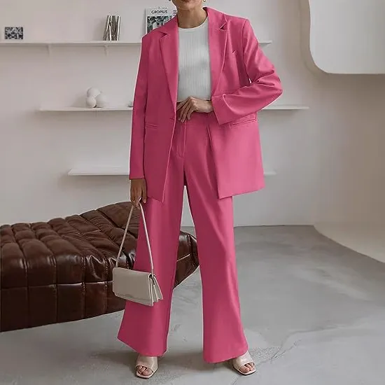 Women Professional Suit Set 2025 Autumn Winter Fashion Polyester Solid Color Blazer and Wide Leg Pants Two Piece Set Business Casual Commuting Style