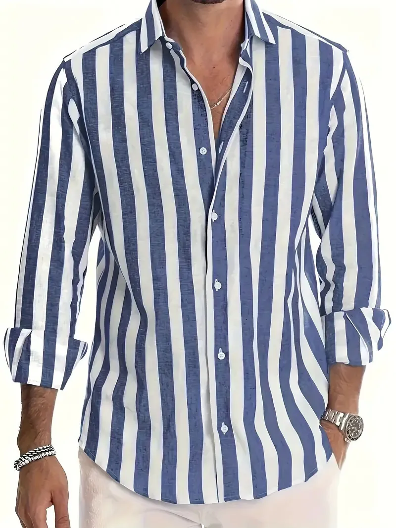 Heren Casual Gestreept Overhemd Met Lange Mouwen Mode Losse Pasvorm Button Down Revers Polyester Tops Voor Dagelijkse Vakantie