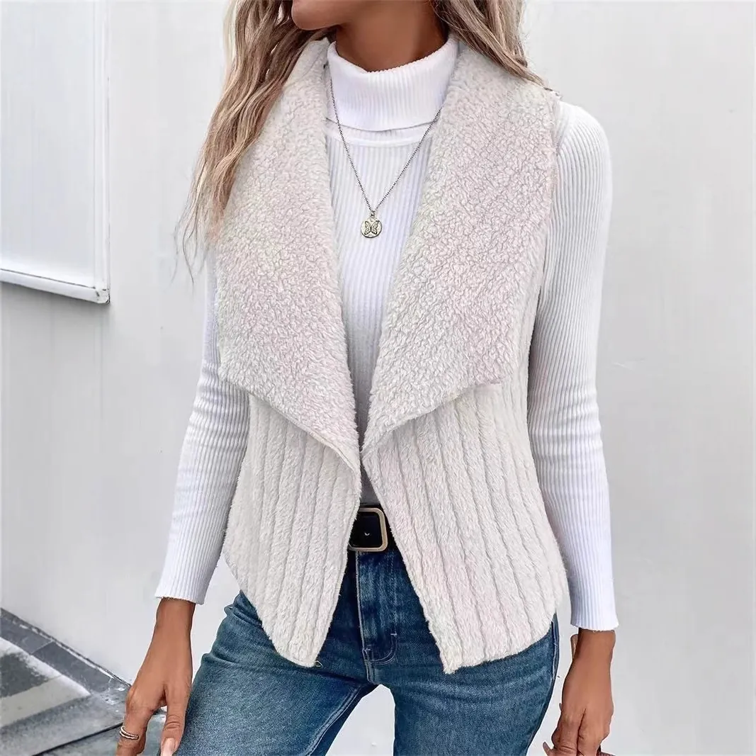 Women Sleeveless Vest Jacket Wool Blend Fuzzy Lapel Open Front Fuzzy Patchwork Waistcoat Autumn Winter Outerwear