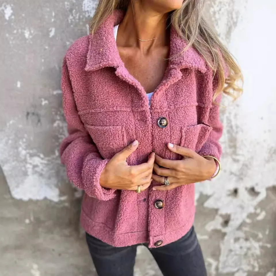 Women Autumn Winter Lapel Single-Breasted Lamb Wool Jacket Polyester Fleece Coat Casual Warm Solid Outerwear With Pockets