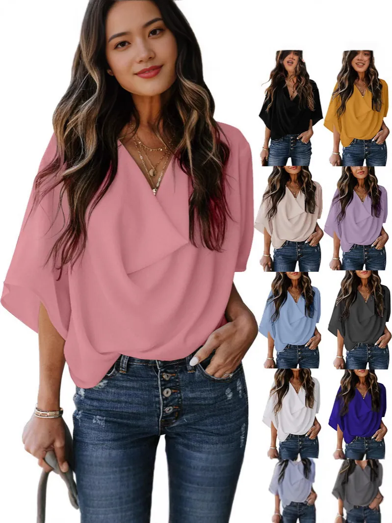 Women Casual Chiffon V-Neck Blouse Elegant Loose Flare Half Sleeve Top Solid Color Summer Pullover Shirt