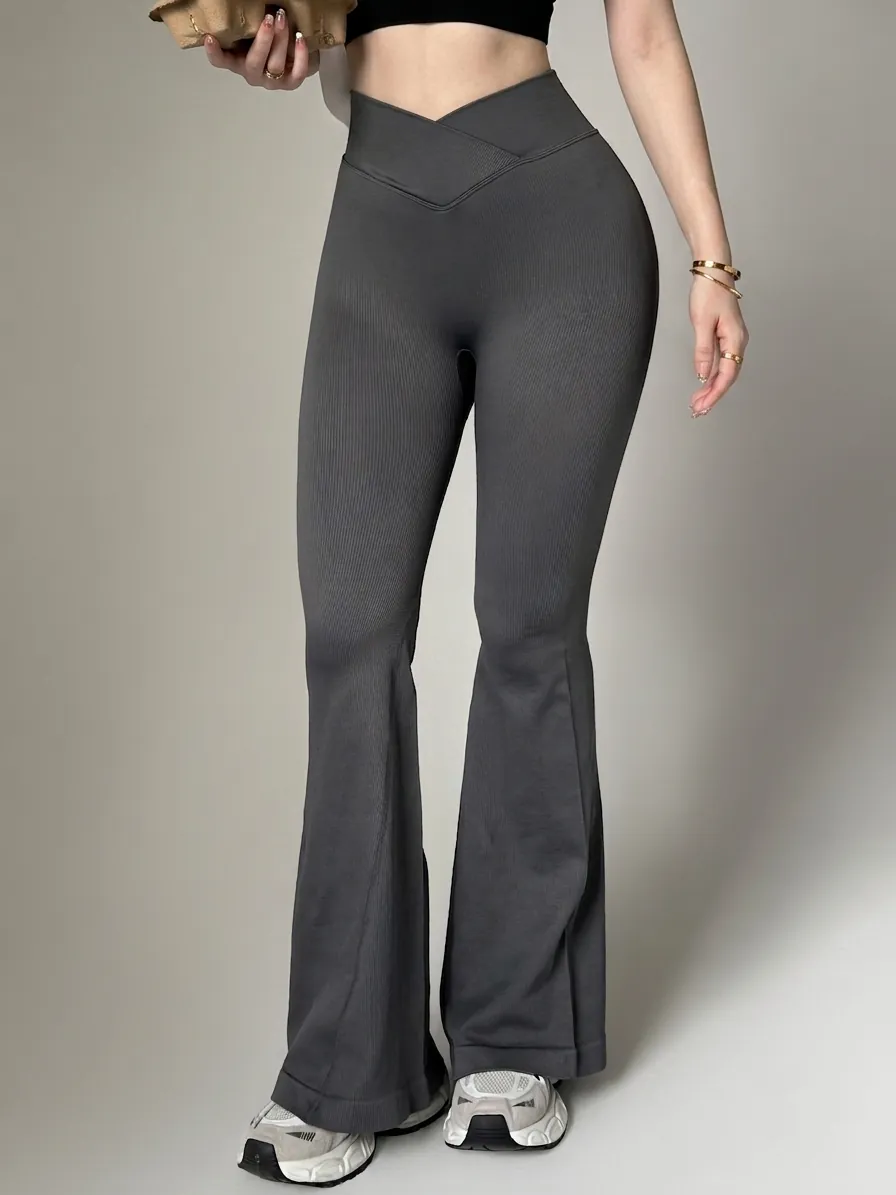 Damen High Waist Nahtlose Yoga Schlaghose Crossover-Bund Po-Lifting Rippstrick Fitness Leggings