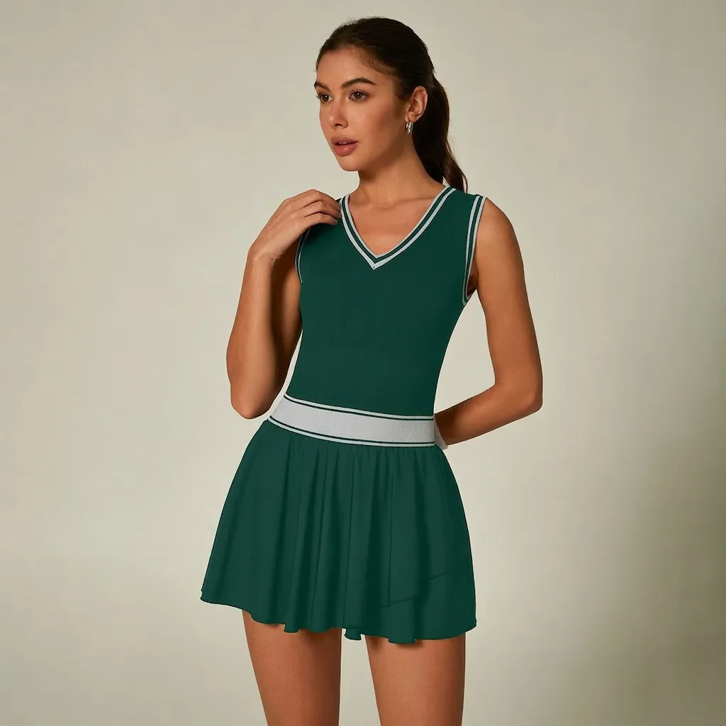 Robe de Tennis une Pièce pour Femmes Sportive à Rayures Contrastées Col en V Sans Manches avec Ourlet Plissé à Volants Yoga Gym Jumpsuit