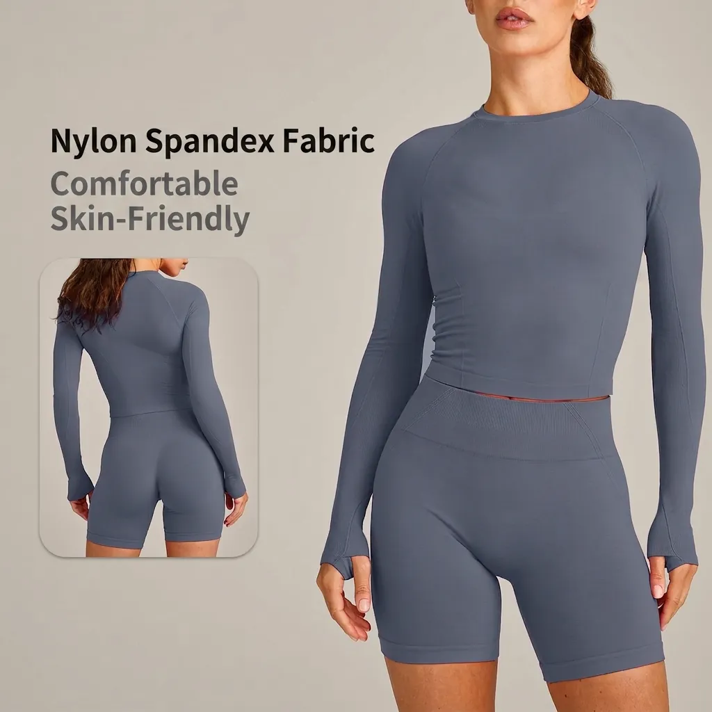 Damen Nahtloses Yoga-Set Langarm-Oberteil Und Shorts Hohe Taille Gerippte Workout-Outfits Daumenloch Sport-Fitness-Anzug