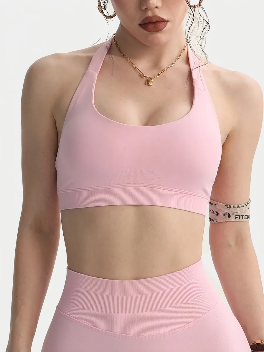 Gilet da Yoga da Donna con Allacciatura al Collo Reggiseno Sportivo Senza Cuciture Crop Top Schiena Scoperta per Fitness Corsa Palestra