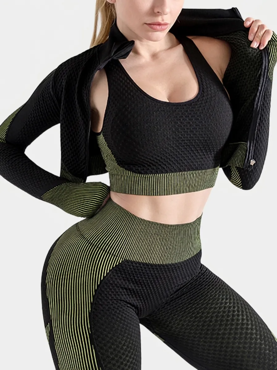 Set da Yoga 3 Pezzi Donna in Maglia a Nido d'Ape Senza Cuciture Con Giacca Con Cerniera Reggiseno Sportivo Leggings a Vita Alta Tute Sportive