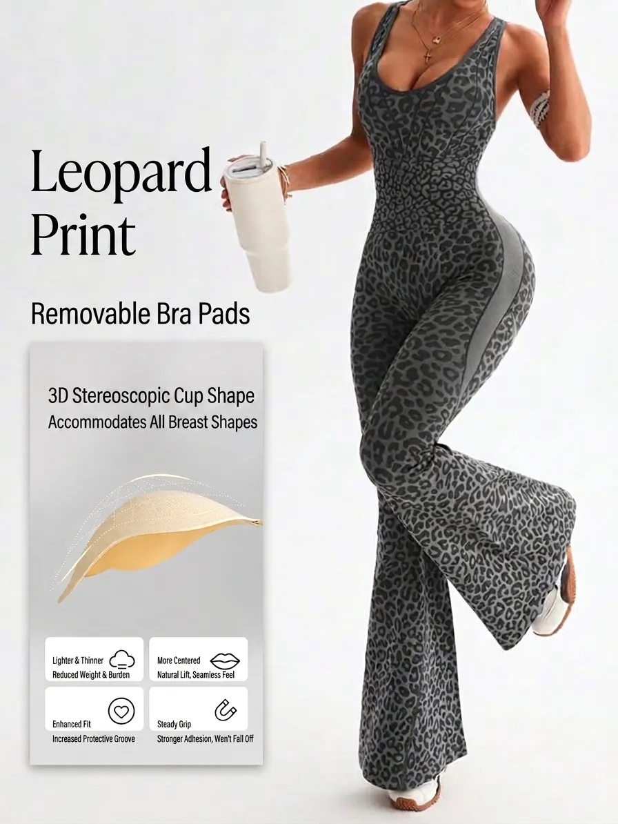 Combinaison de Yoga sans Couture Imprimé Léopard Femmes Nylon Polyester Dos Croisé Jambe Évasée Vêtement de Sport Fitness