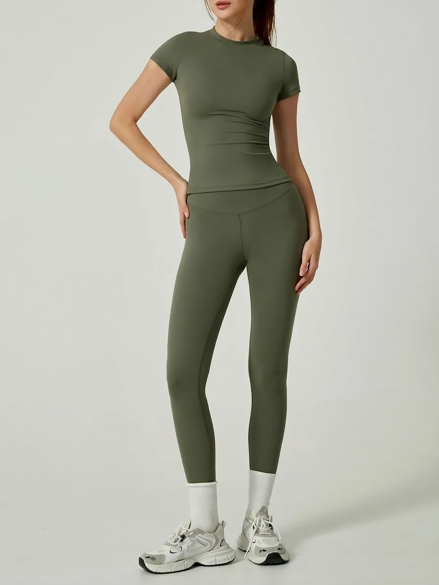 Ensemble de Yoga pour Femme Tenue d'Entraînement Top à Manches Courtes Séchage Rapide et Leggings Taille Haute Vêtements de Sport