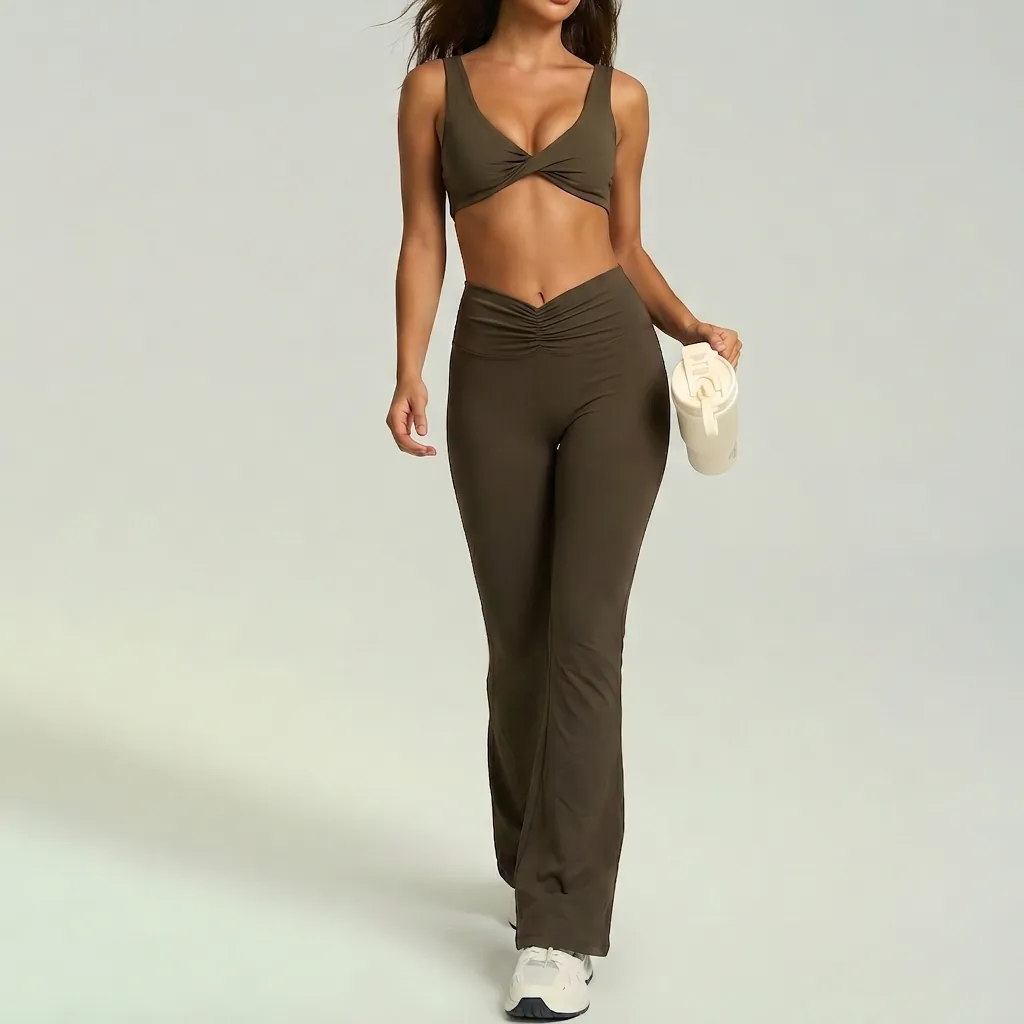 Women Yoga Set Sports Bra Flare Pants Two-Piece Gym Fitness High Waist Ruched Cross Leggings Workout Top And Bottom