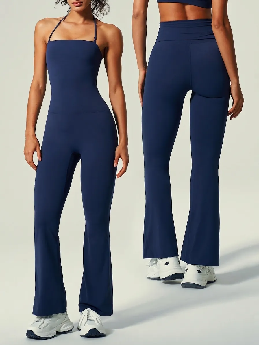 Mono de Yoga para Mujer Pata de Elefante Cuello Halter Fitness Slim Bodysuit Cintura Estrecha Gluteos Romper Deporte sin Costuras