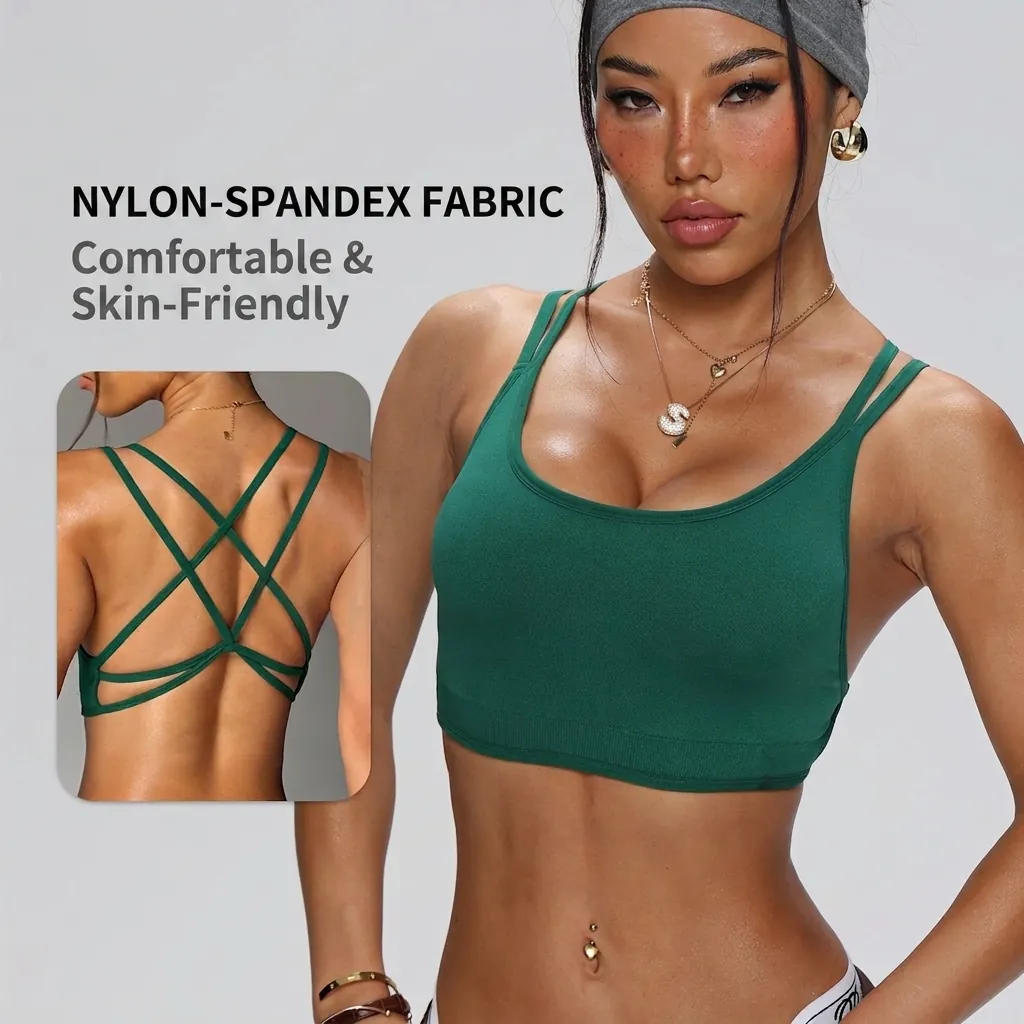 Women Seamless Sports Bra Quick Dry Yoga Top Crisscross Back Padded Running Fitness Gym Activewear Double Thin Strap Top