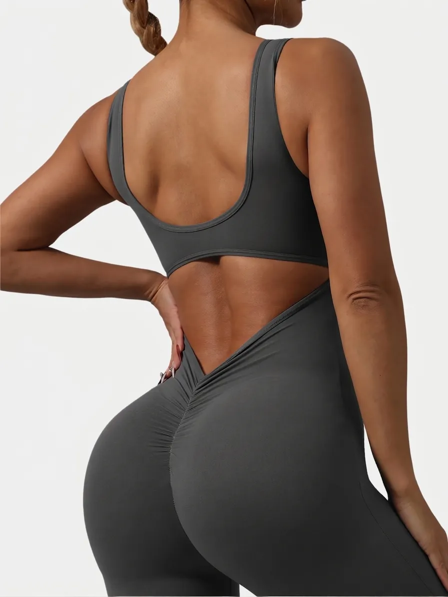 Women's High Waist Butt Lifting Tight Yoga Jumpsuit Flared Leg Activewear Backless Fitness One Piece Bodysuit Athletic Romper