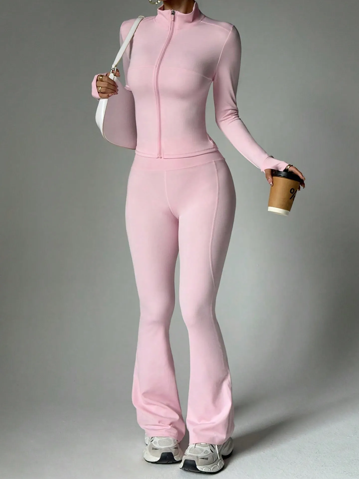 Women Yoga Set Top And Bottom Slim Fit Long Sleeve Full Zip Jacket High Waist Flare Leg Pants Sports Workout Tracksuit