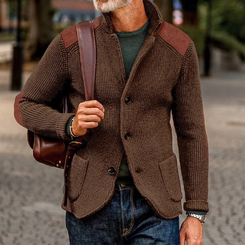 Giacca da Uomo in Maglia a Nido d'Ape Patchwork in Pelle PU a Contrasto Cardigan con Rever e Bottoni Maglione Invernale