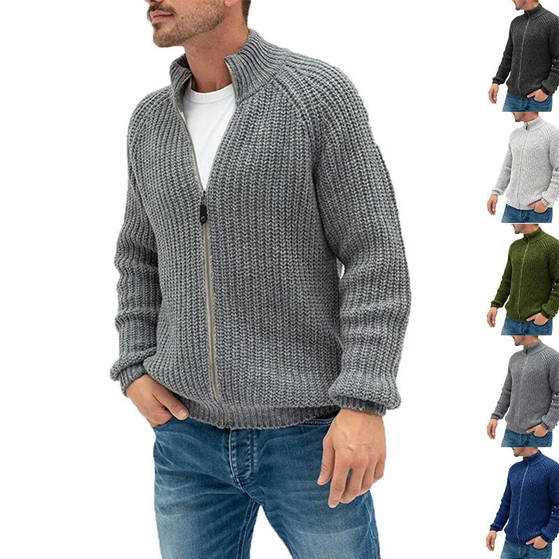Men's Solid Color Knit Cardigan Sweater High Neck Full Zip Long Sleeve Slim Fit Ribbed Hem Autumn Winter Outerwear Jacket