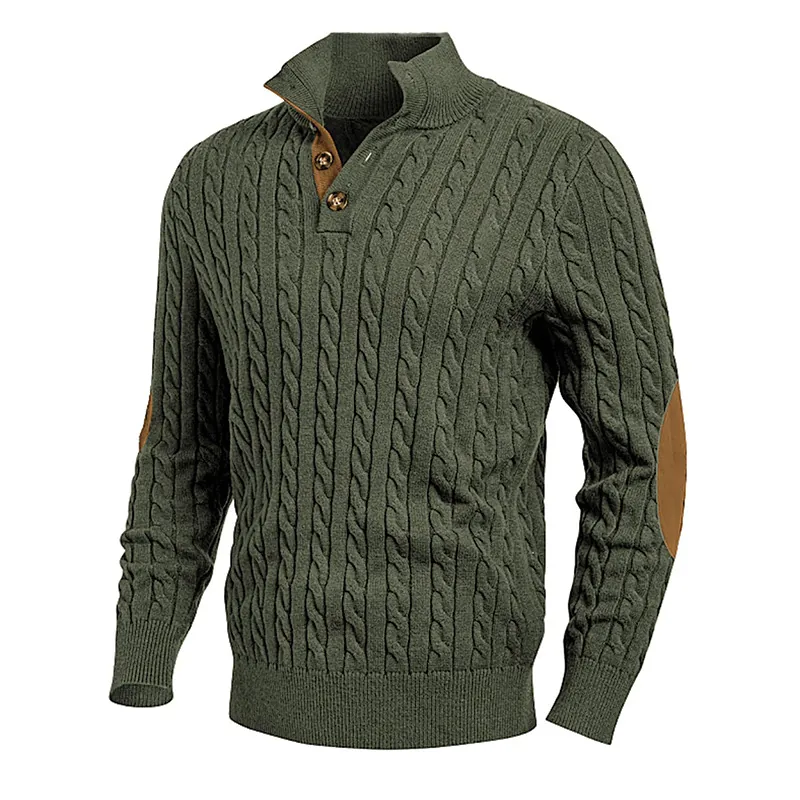 Herren Slim Fit Zopfmuster Strickjacke Knopf Stehkragen Langarm Top Mit Wildleder Ellbogen-Patches Winter Warm Acryl Pullover