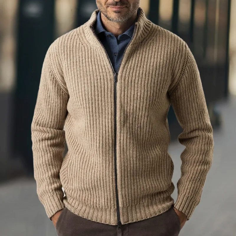 Men's Slim Fit Ribbed Knitted Cardigan Sweater Half High Neck Full Zip Jacket Long Sleeve Acrylic Knitwear Casual Top