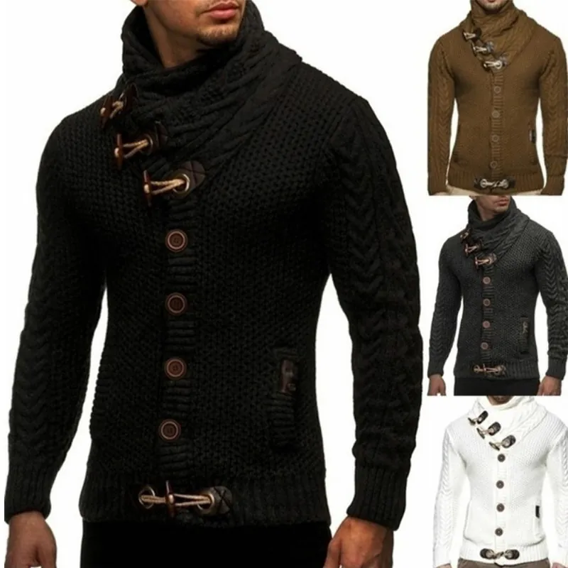 Men's High Neck Cable Knit Sweater Cardigan Toggle Button Thick Warm Winter Outerwear Casual Urban Knitwear Top