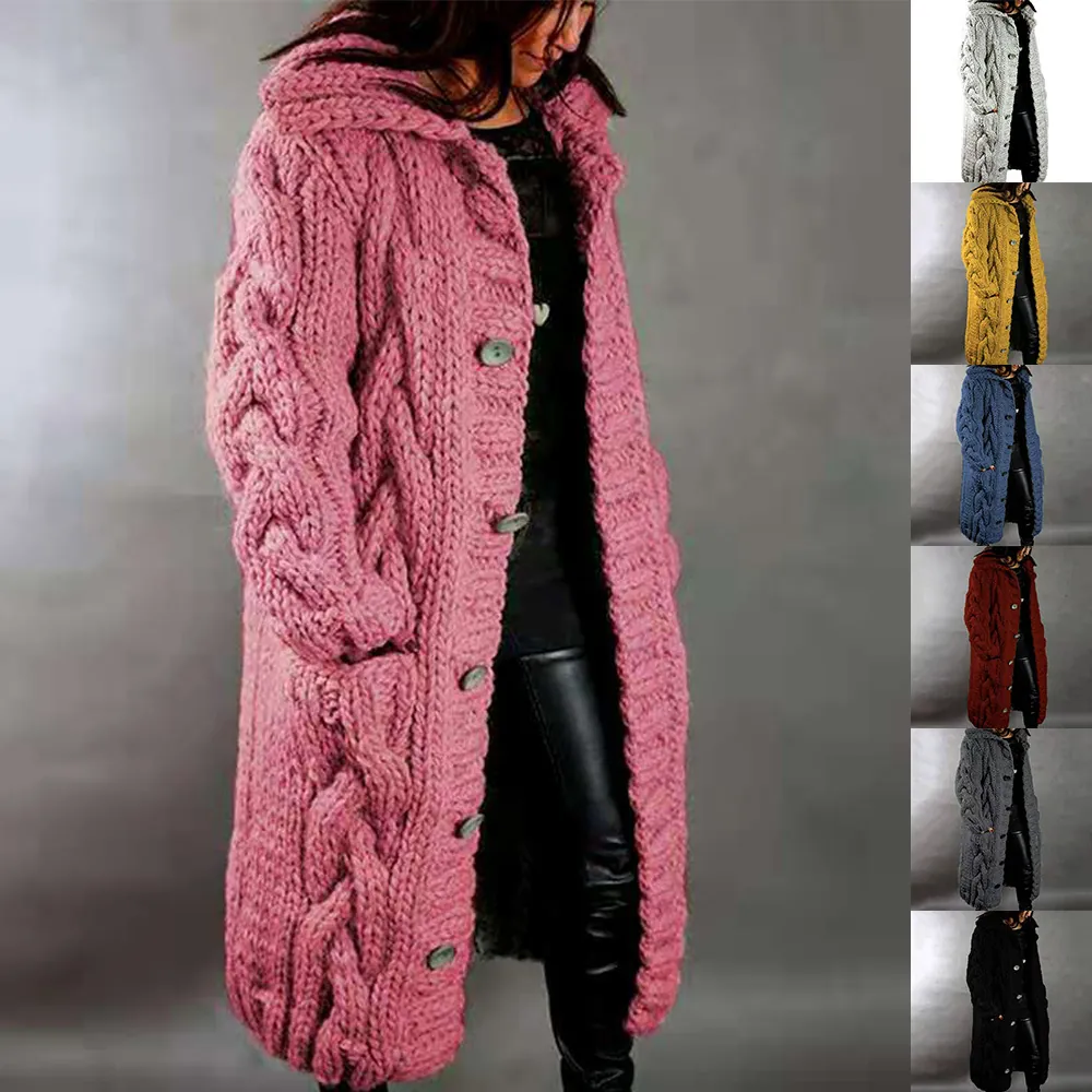 Women's Oversized Cable Knit Cardigan Long Hooded Sweater Button Down Open Front Loose Knitted Coat For Autumn Winter