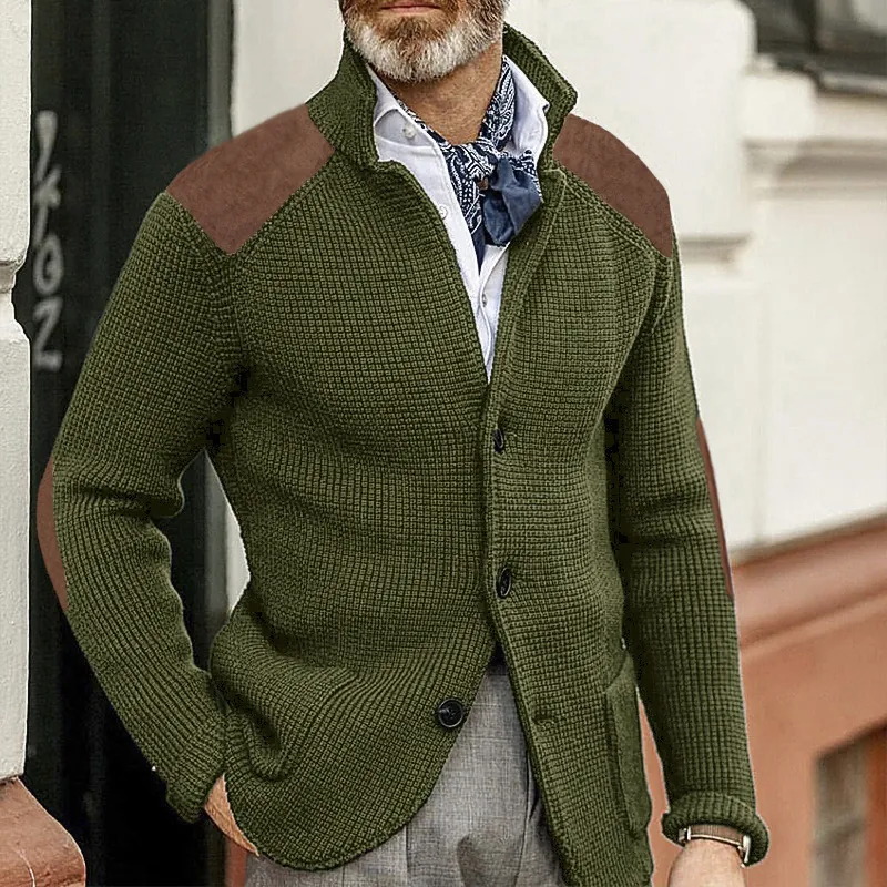 Men's Casual European Style Acrylic Waffle Knit Cardigan Sweater With Patchwork Long Sleeve Button Down Men Top
