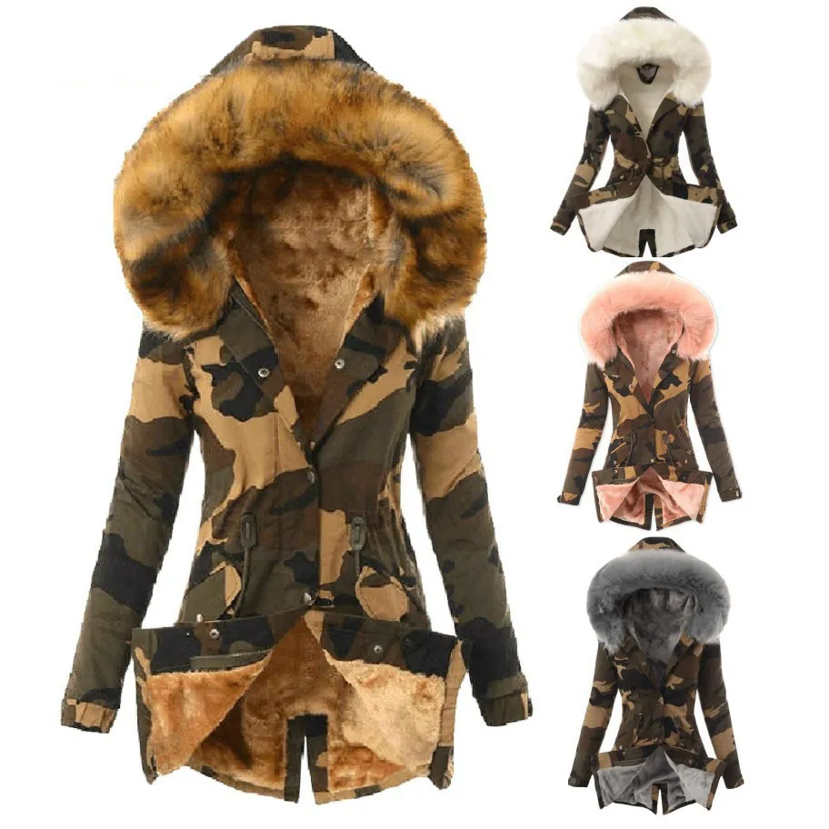 Abrigo Parka Acolchado de Camuflaje para Mujer Cuello de Piel Sintética Chaqueta de Invierno con Capucha Forro Polar Cálido Top