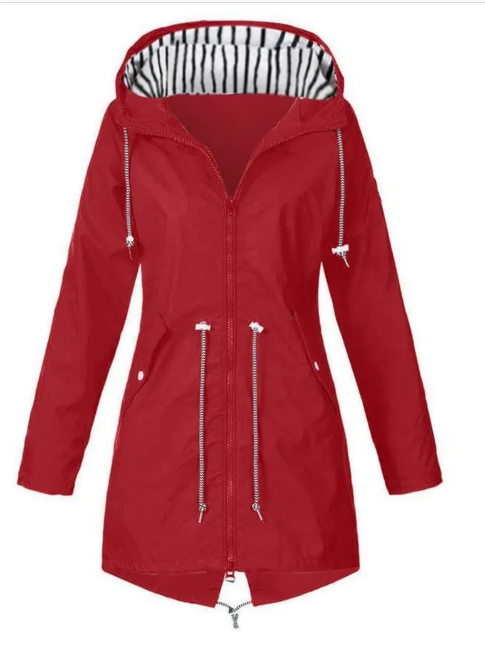 Damen Wasserdicht Winddicht Outdoor Kapuzenjacke Gestreiftes Kapuzenfutter Kordelzug Taille Outdoor Sport Mittellange Jacke Top