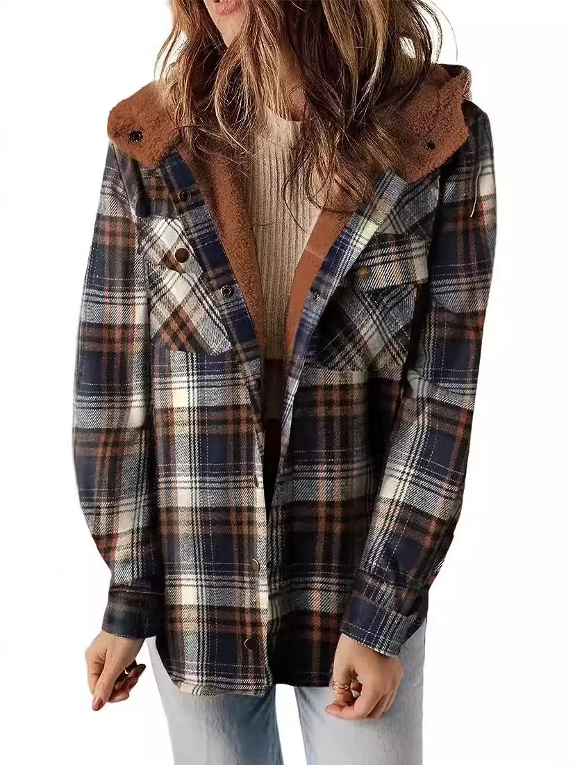 Women Casual Plaid Hooded Jacket Thick Sherpa Lined Woolen Shacket Winter Warm Button Down Coat With Pockets Checked Top