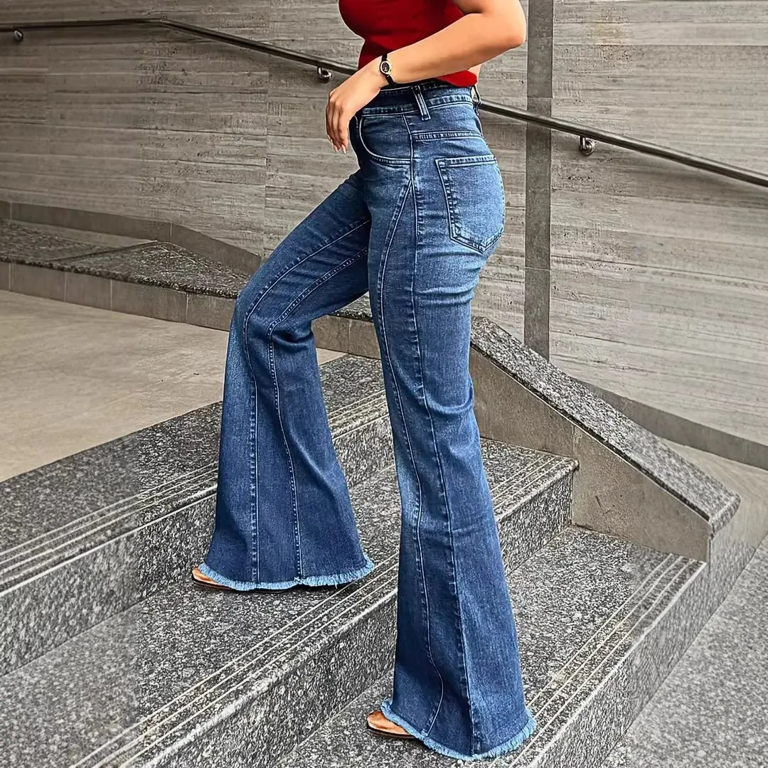 Damen High Waist Schlagjeans Baumwollmischung Patchwork Denim Hose Slim Fit Gewaschene Lange Glockenhose Mit Offenem Saum