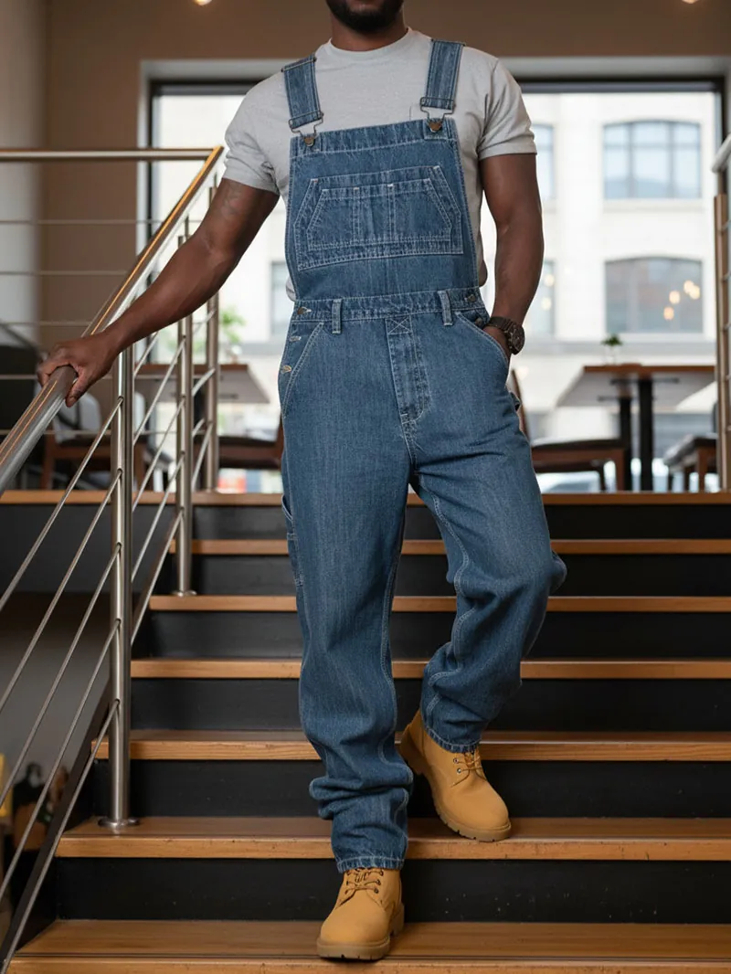 Men American High Street Loose Fit Denim Bib Overalls Casual Straight Leg Washed Blue Jumpsuit Streetwear Workwear Trousers
